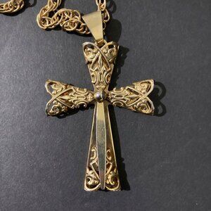Large Gold-Tone Ornate Cross Pendant Necklace
